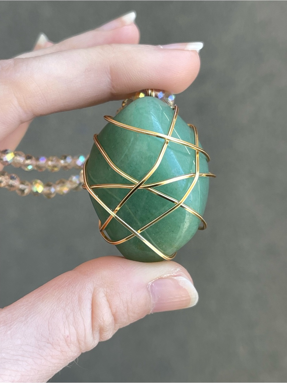 Green Aventurine Gold Tone Wire Wrap Necklace on Champagne Glass Beads  Handmade - Picture 4 of 5